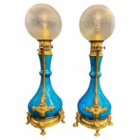 Pair Of Blue-glazed earthenware lamps in the Théodore Deck style, 19th century