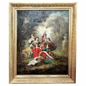 Large Oil-on-Canvas Painting of Aristocrats in a Lush Garden, 19th Century