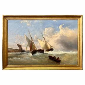 Early 19th Century Oil-on-Canvas Marine Painting `Les Plates of Villerville`