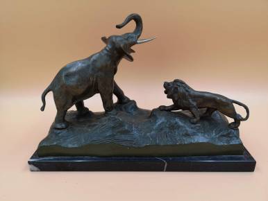 Antique bronze figure Elephant and Lion