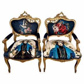 Pair of Louis XV style Gilt Armchairs with Surrealist Iconography Upholstery